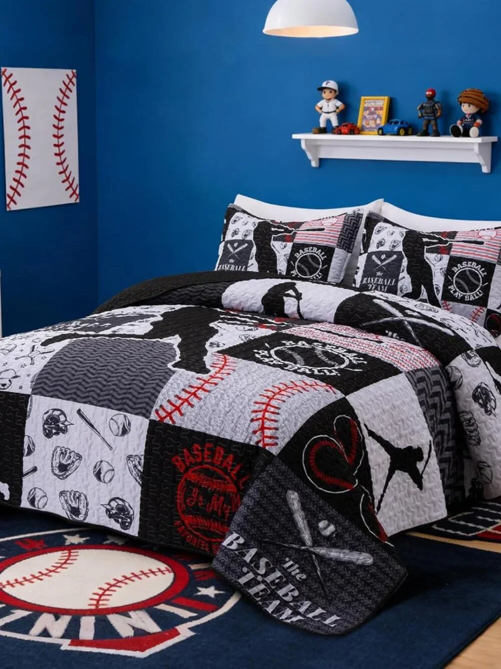 Kids Quilt Set Twin Size Sports Geometric Grid Black Patchwork Baseball Printed
